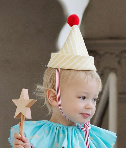 Linen / cotton clown hat, cotton party hat, small party hat, yellow party hat with red pompom.