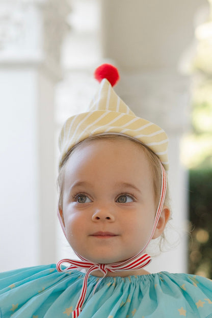 Linen / cotton clown hat, cotton party hat, small party hat, yellow party hat with red pompom.